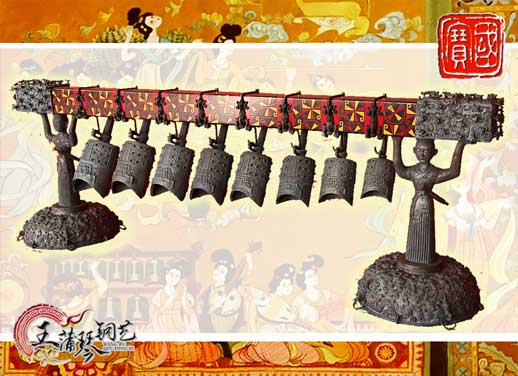 8件古編鐘，銅人銅座裝飾，可發(fā)音